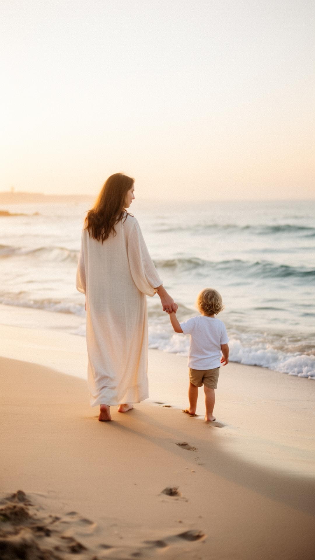 Mother and child walking hand in hand on the beach at golden hour, the tender practice of reparenting