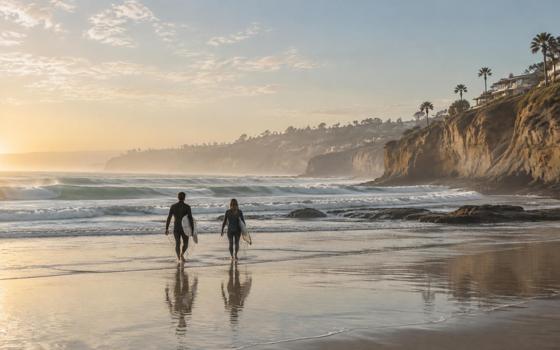 Two surfers walking toward the Pacific at sunrise on the San Diego coast