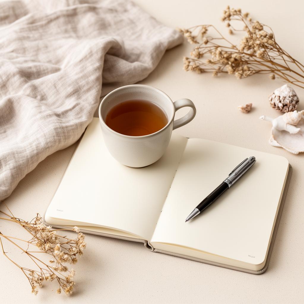 Linen, ceramic tea, and an open journal, quiet ritual for intentional living